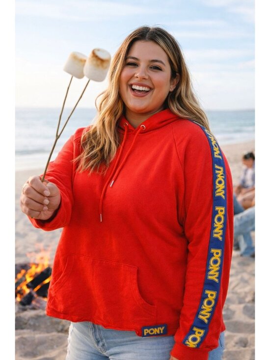 Forever 21 Tops - Forever 21 Plus 2X Red Hoodie Pony Tape Sleeve Raw Hem Streetwear Oversized Look